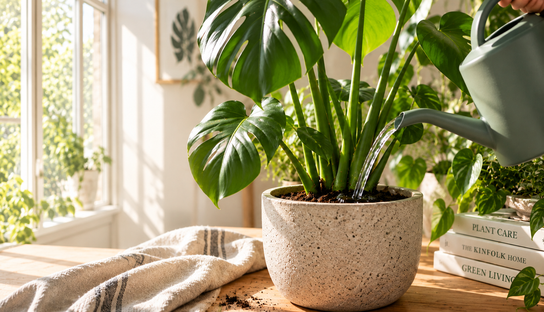 Vanding af Monstera stueplante direkte i jorden i et lyst hjem