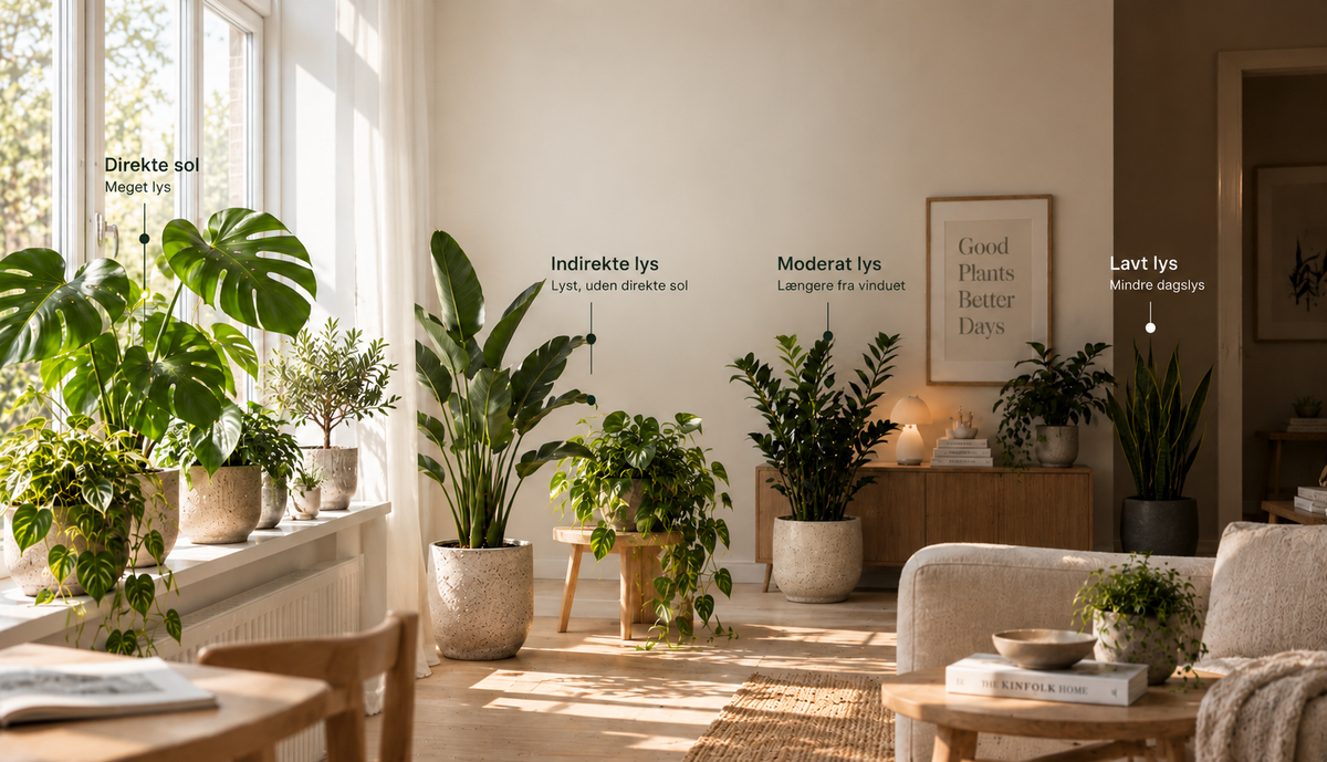 Stueplanter placeret efter direkte sol, indirekte lys, moderat lys og lavt lys
