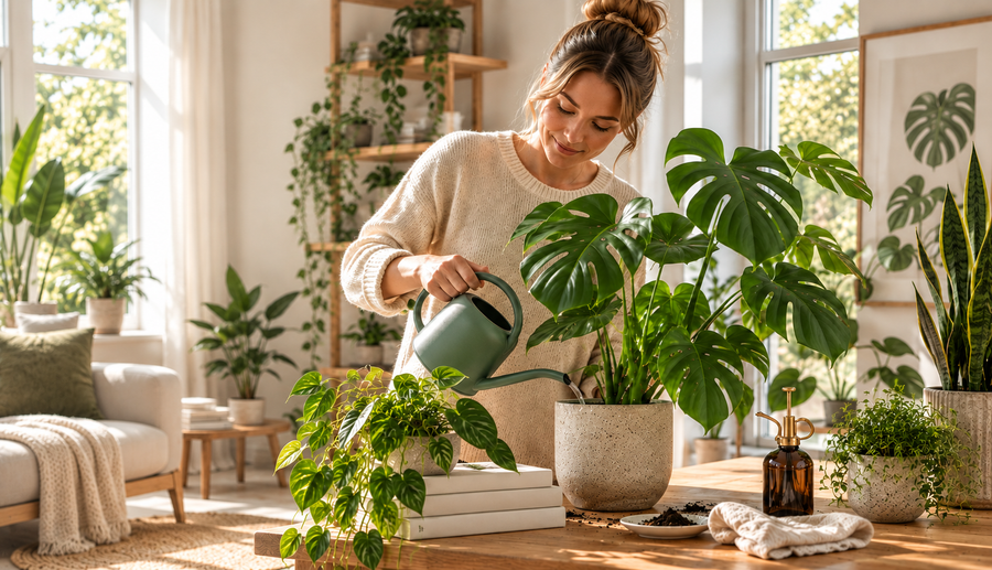 Pleje af stueplanter med vanding, lys, gødning og ompotning