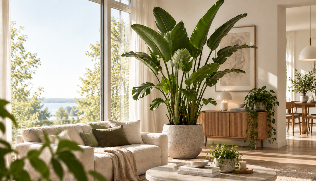 Stor Strelitzia stueplante i en lys nordisk stue