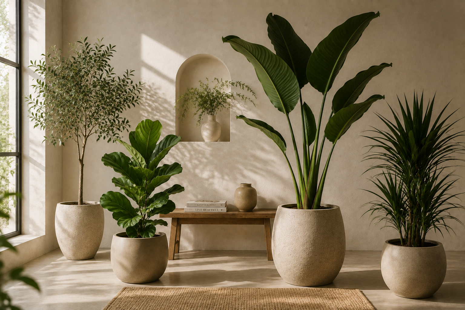 Stor grøn plante i et moderne skandinavisk hjem