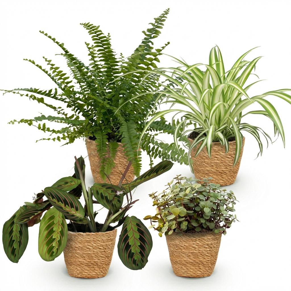 Houseplant - Chlorophytum - Maranta - Calissia - Nephrolepsis - Mix of 4 - Pet-Friendly Plants - Green - 4 Plants - with Basket - Pot 12cm - Height 25cm