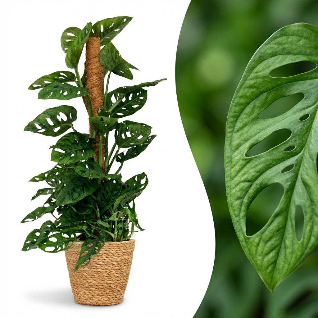 Indoor Plant - Monkey Mask - Monstera Adansonii Moss Pole - Green - Low Maintenance - 1 Plant - with Basket - Pot 19cm - Height 90cm