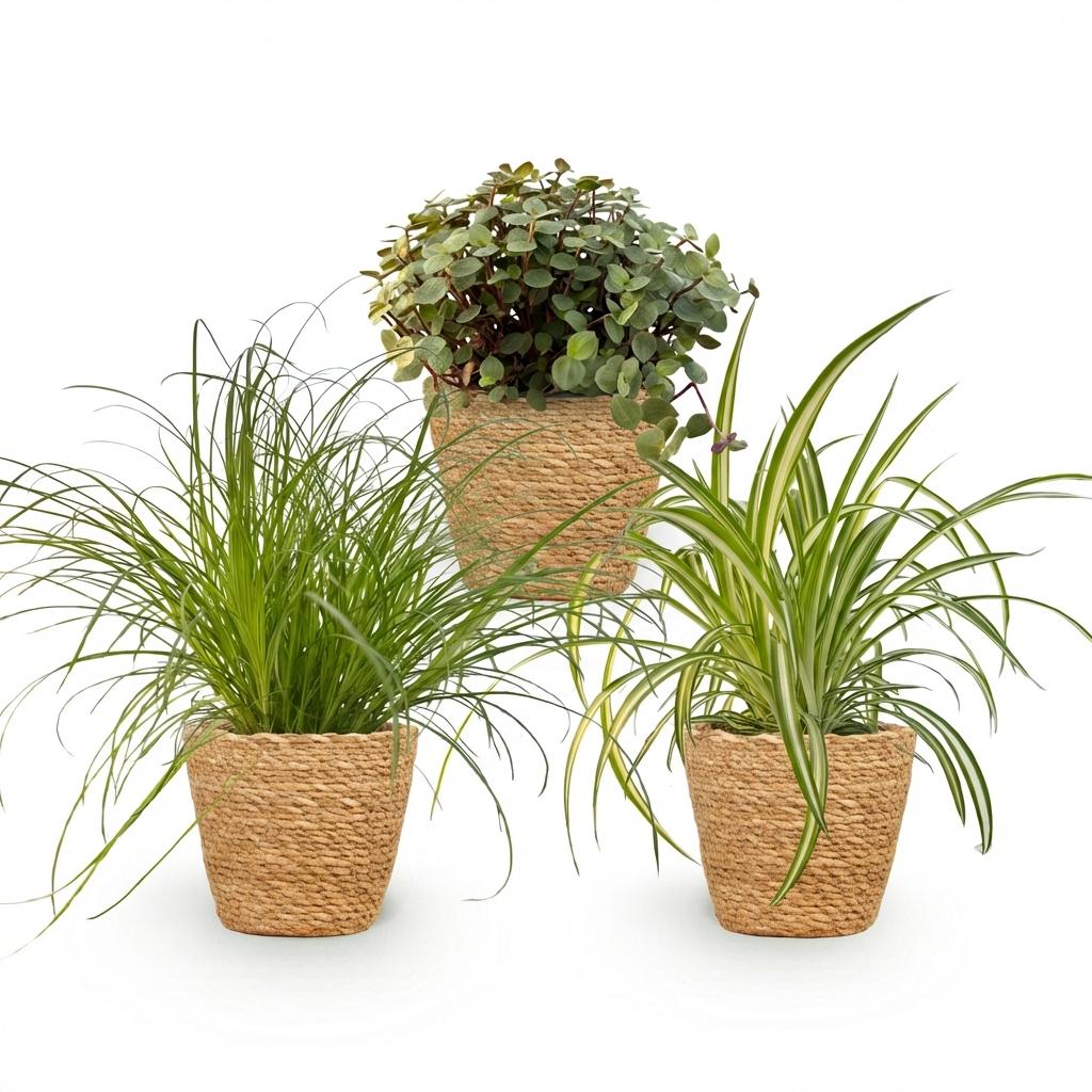 Houseplant - Cyperus - Calissia - Chlorophytum - Mix of 3 - Pet-Friendly Plants - Green - 3 Plants - with Basket - Pot 12cm - Height 20cm