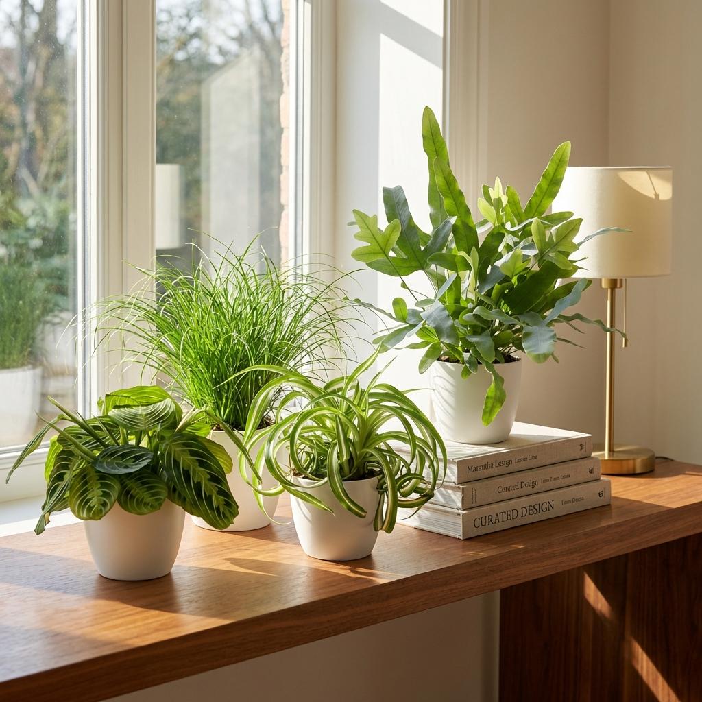 Houseplant - Chlorophytum - Cyperus - Phlebodium - Marantha - Mix of 4 - Pet-Friendly Plants - Green - 4 Plants - with Potter White - Pot 12cm - Height 25cm