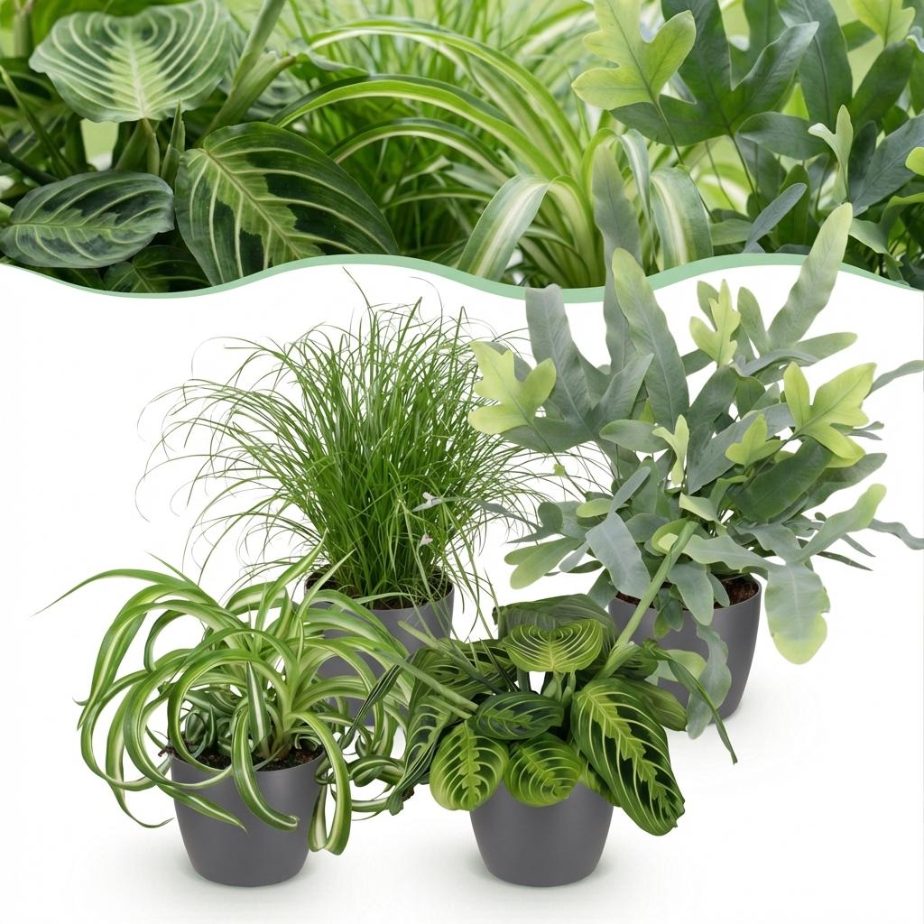 Houseplant - Chlorophytum - Cyperus - Phlebodium - Marantha - Mix of 4 - Pet-Friendly Plants - Green - 4 Plants - with Potter Grey - Pot 12cm - Height 25cm
