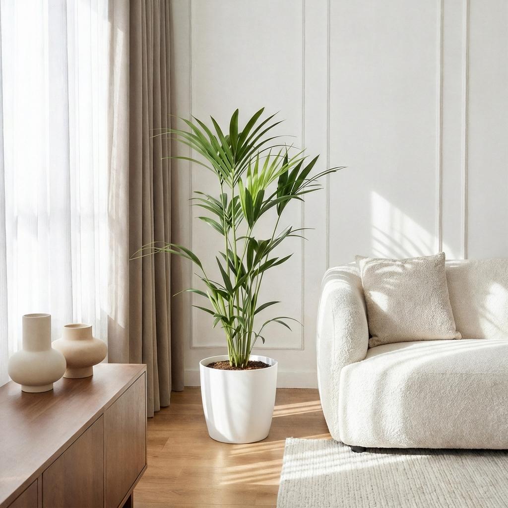 Houseplant - Howea Forsteriana - Kentia Palm - Low Maintenance - Green - 1 Plant - with Potter White - Pot 21cm - Height 120-130cm