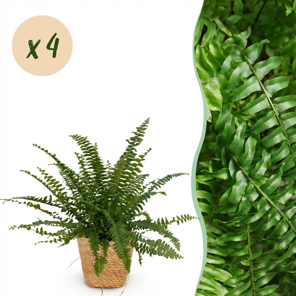 Houseplant - Nephrolepsis exaltata Green Lady - Fern - Pet-Friendly Plant - Green - 4 Plants - with Basket - Pot 12cm - Height 25cm