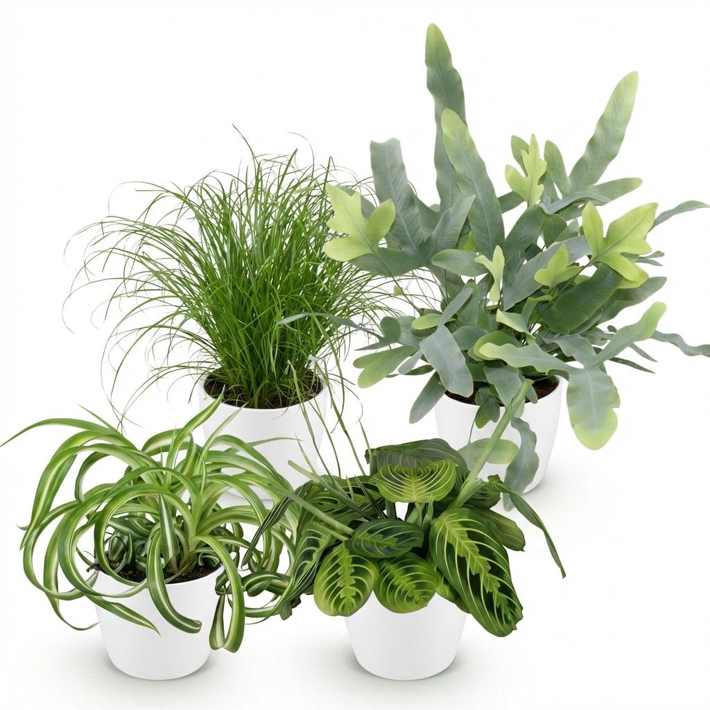 Houseplant - Chlorophytum - Cyperus - Phlebodium - Marantha - Mix of 4 - Pet-Friendly Plants - Green - 4 Plants - with Potter White - Pot 12cm - Height 25cm