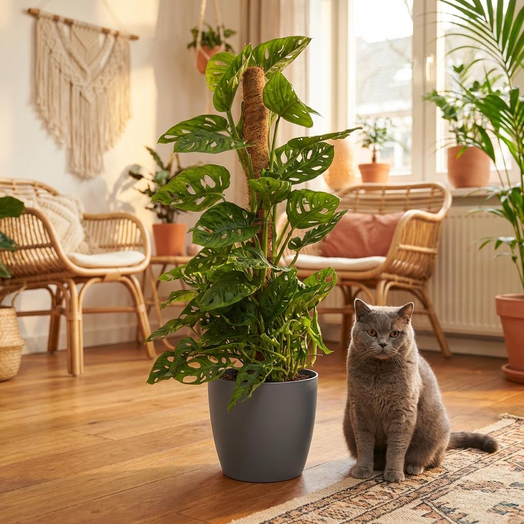 Houseplant - Monkey Mask - Monstera Adansonii Moss Pole - Green - Low maintenance - 1 Plant - with Grey Potter - Pot 19cm - Height 90cm