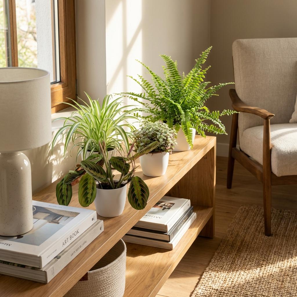 Houseplant - Chlorophytum - Maranta - Calissia - Nephrolepsis - Mix of 4 - Pet-Friendly Plants - Green - 4 Plants - with Potter White - Pot 12cm - Height 25cm