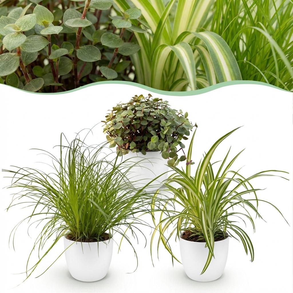 Houseplant - Cyperus - Calissia - Chlorophytum - Mix of 3 - Pet-Friendly Plants - Green - 3 Plants - with Potter White - Pot 12cm - Height 20cm