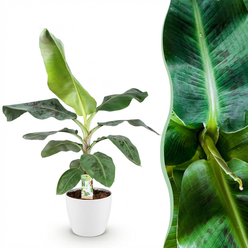 Houseplants - Musa acuminata Dwarf Cavendish - Banana Plant - Low Maintenance - Green - 1 Plant - with Potter White - Pot 21cm - Height 70-75cm