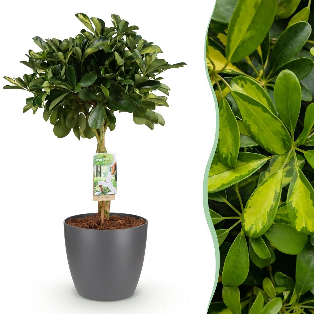 House Plants - Schefflera Gold Capelle - Finger Tree - Low Maintenance - Green - Gold - 1 Plant - with Potter Grey - Pot 21cm - Height 70-81cm
