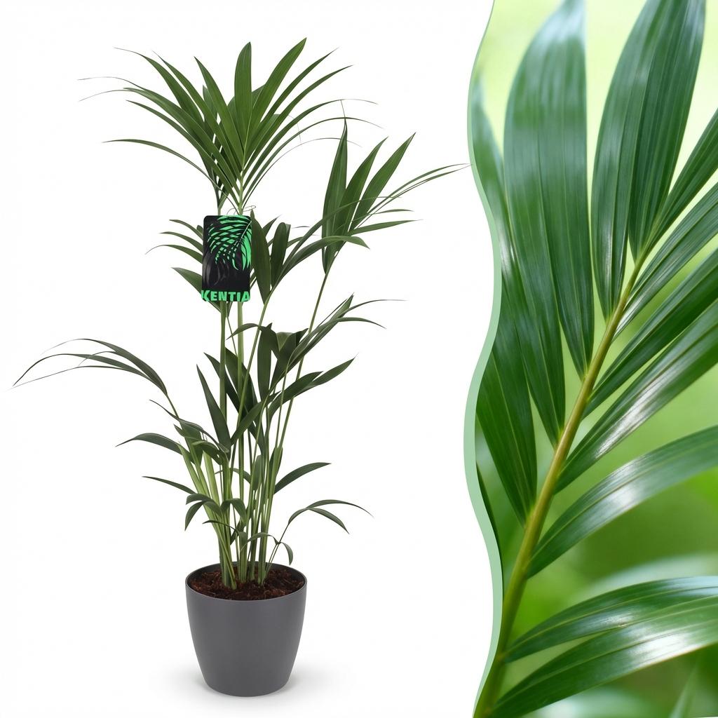 Houseplant - Howea Forsteriana - Kentia Palm - Low Maintenance - Green - 1 Plant - with Potter Grey - Pot 21cm - Height 120-130cm