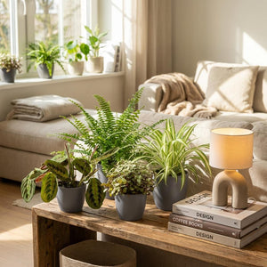 Houseplant - Chlorophytum - Maranta - Calissia - Nephrolepsis - Mix of 4 - Pet-Friendly Plants - Green - 4 Plants - with Potter Grey - Pot 12cm - Height 25cm
