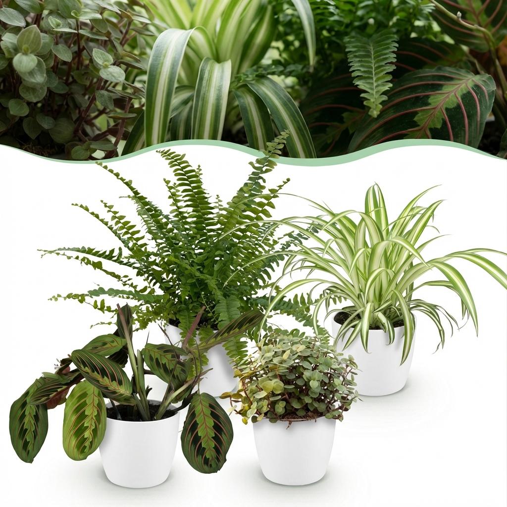 Houseplant - Chlorophytum - Maranta - Calissia - Nephrolepsis - Mix of 4 - Pet-Friendly Plants - Green - 4 Plants - with Potter White - Pot 12cm - Height 25cm