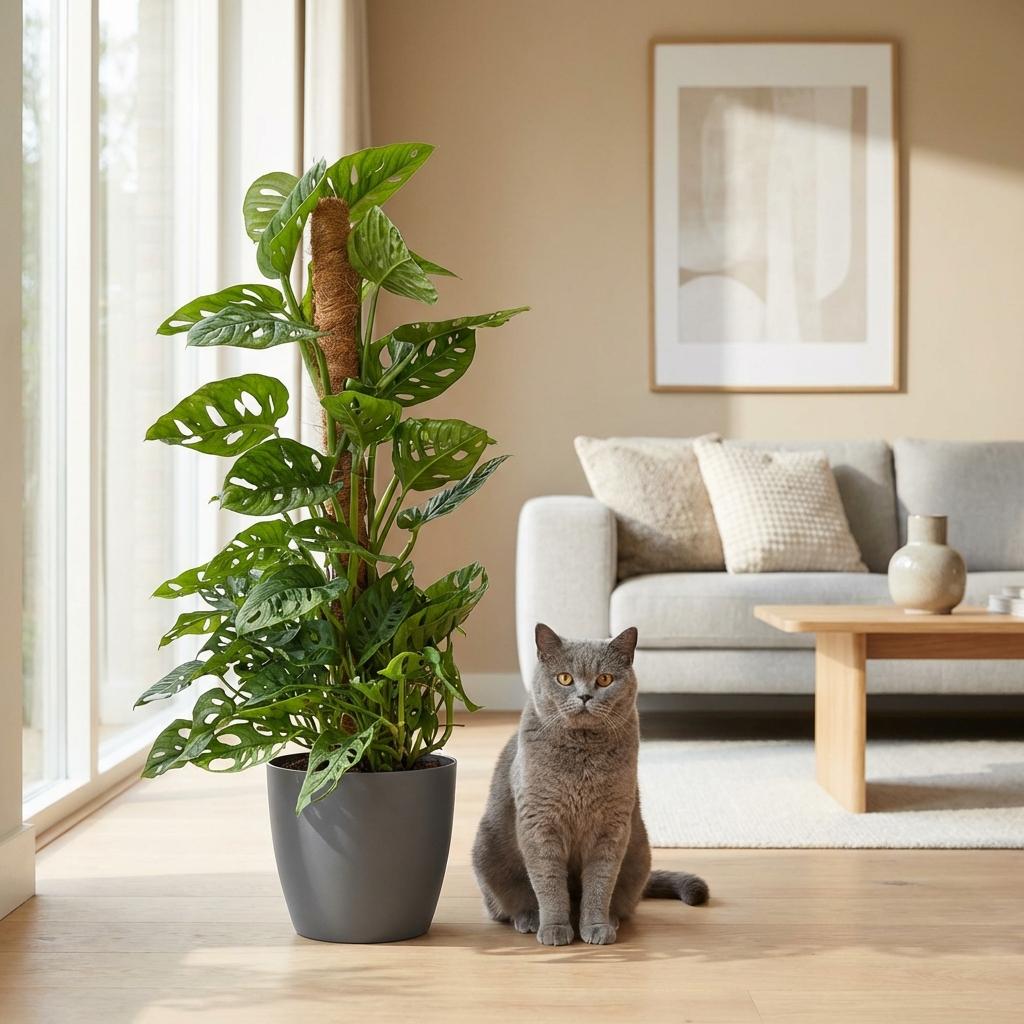 Houseplant - Monkey Mask - Monstera Adansonii Moss Pole - Green - Low maintenance - 1 Plant - with Grey Potter - Pot 19cm - Height 90cm