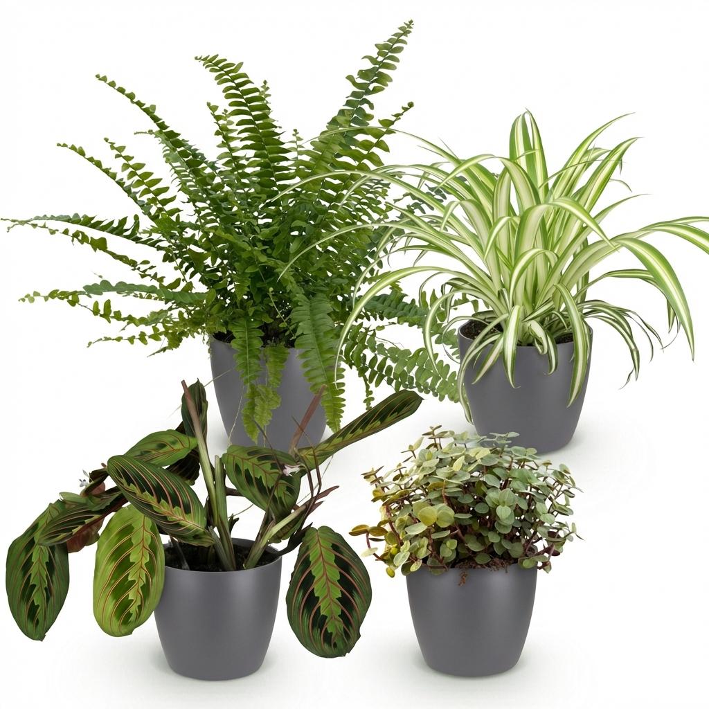 Houseplant - Chlorophytum - Maranta - Calissia - Nephrolepsis - Mix of 4 - Pet-Friendly Plants - Green - 4 Plants - with Potter Grey - Pot 12cm - Height 25cm