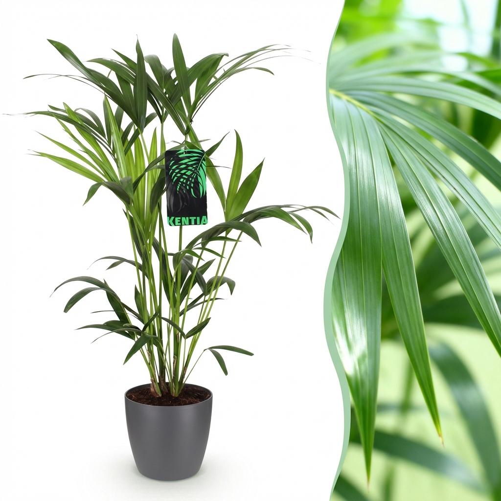 Houseplant - Howea Forsteriana - Kentia Palm - Low Maintenance - Green - 1 Plant - with Potter Grey - Pot 19cm - Height 80-85cm