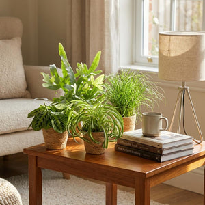 Houseplant - Chlorophytum - Cyperus - Phlebodium - Marantha - Mix of 4 - Pet-Friendly Plants - Green - 4 Plants - with Basket - Pot 12cm - Height 25cm