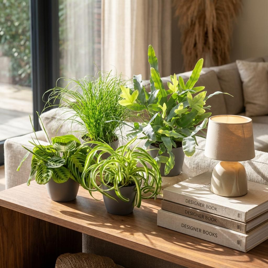 Houseplant - Chlorophytum - Cyperus - Phlebodium - Marantha - Mix of 4 - Pet-Friendly Plants - Green - 4 Plants - with Potter Grey - Pot 12cm - Height 25cm