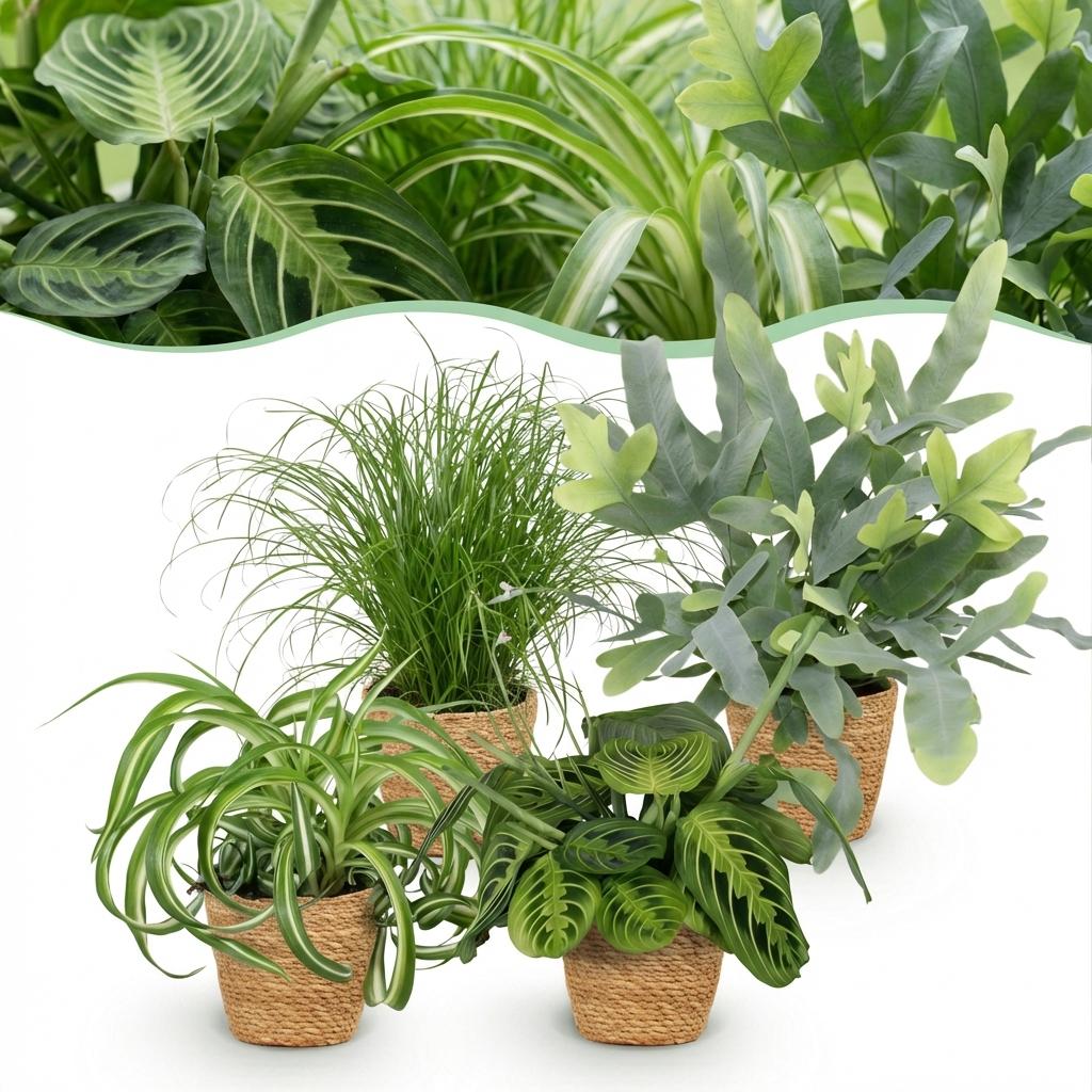 Houseplant - Chlorophytum - Cyperus - Phlebodium - Marantha - Mix of 4 - Pet-Friendly Plants - Green - 4 Plants - with Basket - Pot 12cm - Height 25cm